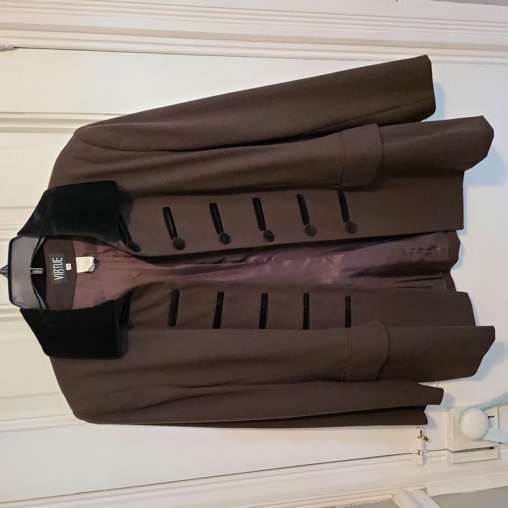 Vtg Virtue Brown Wool Blazer with Velvet collar Jacket Size 14